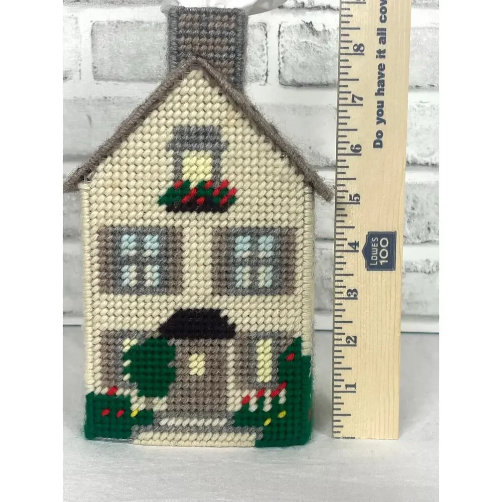 Vintage Needlepoint Tissue Box Cover House Cottage Plastic Canvas Handmade Craft